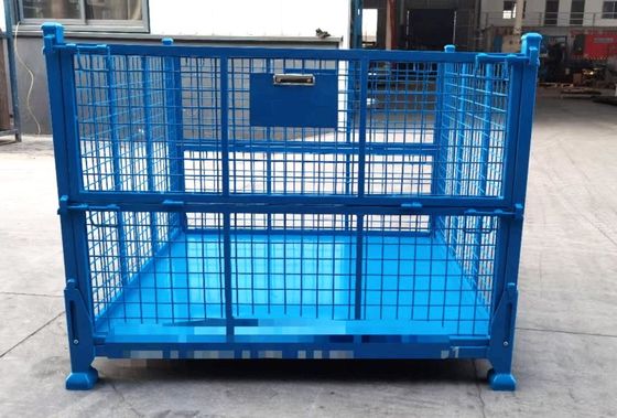 Stackbarer Klappbehälter aus Stahl mit Maschenschutz in blauer Farbe zur Lagerung der Materialproduktion